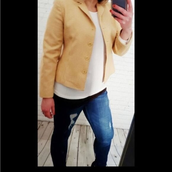 Vintage Yellow Houndstooth Plaid Wool Fitted Blazer - Picture 3 of 14